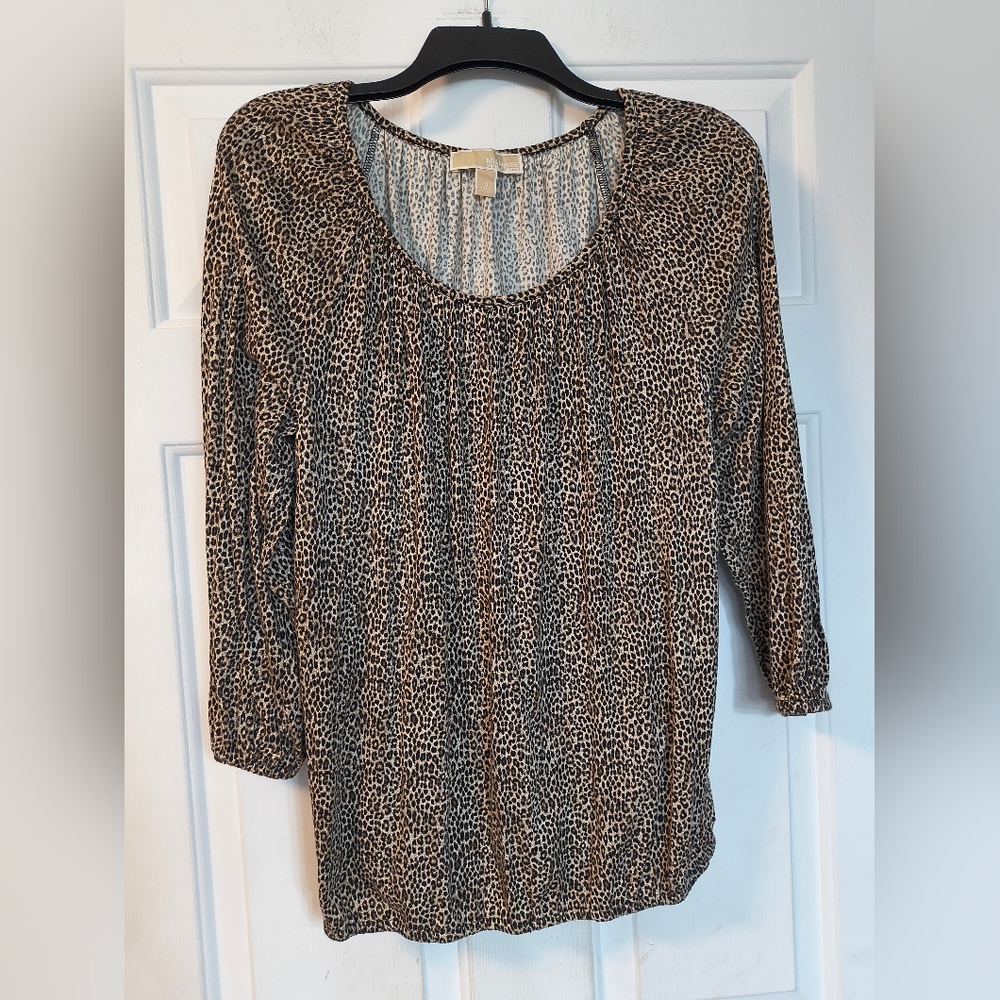 Michael Kors Animal Print Blouse Black Brown Women's Top Medium